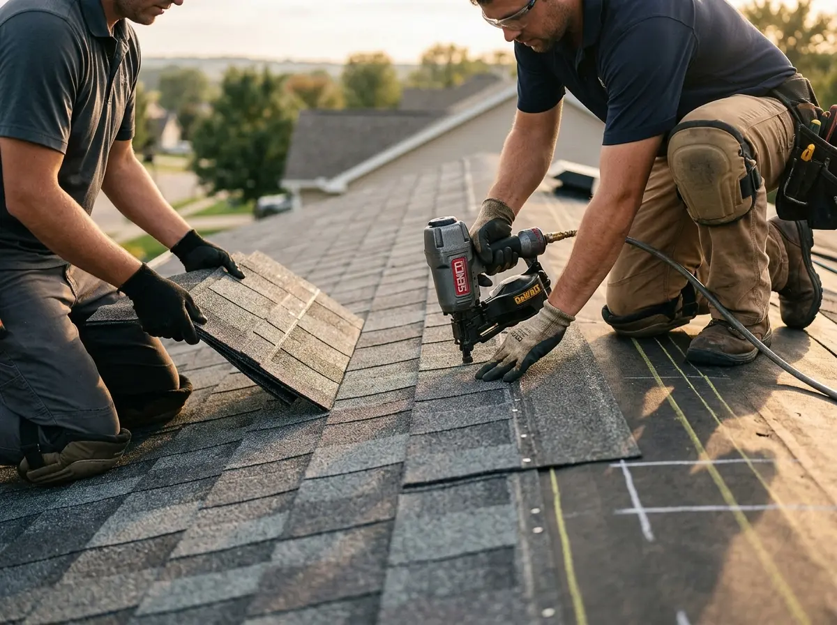 Professional roofer working on a residential roof in Conshohocken